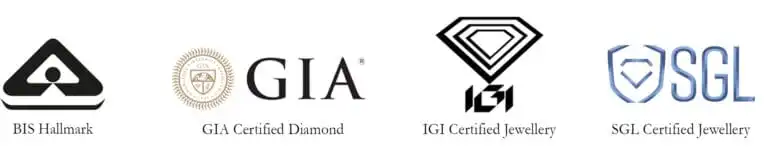 Authentic diamond certificate logos from GIA, IGI, SGL, and BIS hallmark for quality assurance.