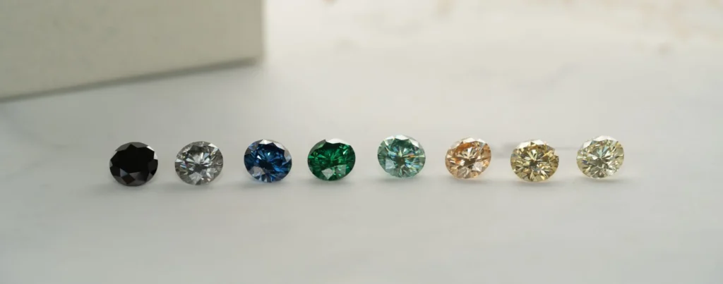Official quality report and diamond certification standards for colored moissanite gemstones, detailing hue, saturation, and grading metrics