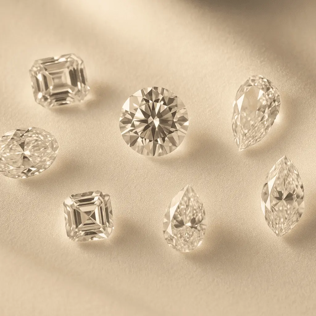 Step-by-step diamond guide showing a diamond examining a diamond for Cut, Clarity, Color, and Carat