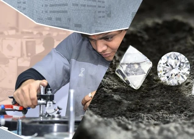 Laser cutting machine at a lab grown diamond manufacturer in Surat processing a rough stone.