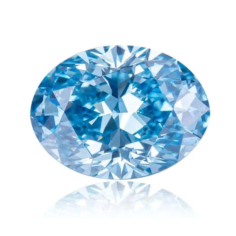 A high-quality fancy blue lab grown diamond in a symmetrical oval cut, showcasing brilliant faceting and deep blue clarity against a neutral background