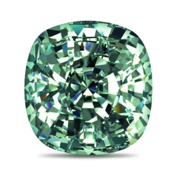 Fancy green cushion cut lab grown diamond featuring soft square facets, displayed for professional diamond retailers and sourcing inquiries