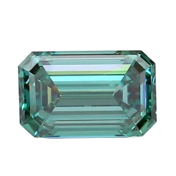 Fancy green emerald cut lab grown diamond with step-cut facets, showcased for diamond retailers and wholesale discussions