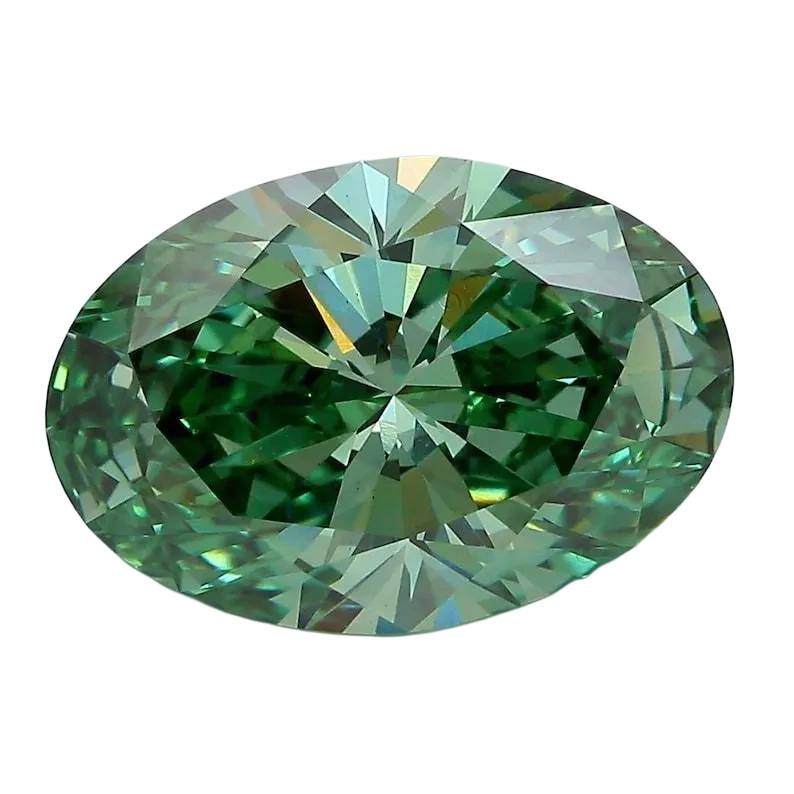 Fancy green oval cut lab grown diamond with elongated brilliance, presented for diamond trade information and retailer consultation