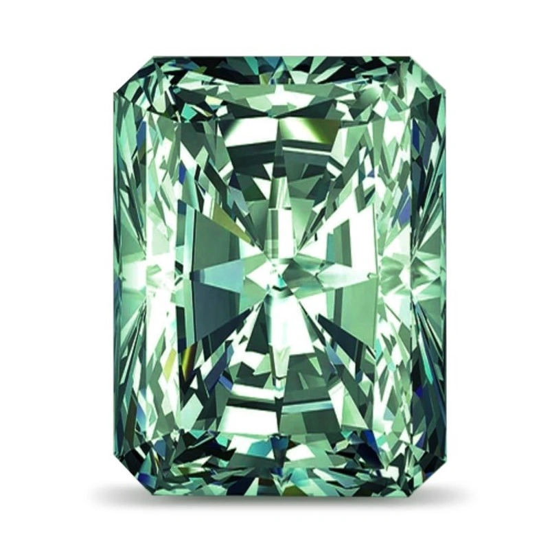 Fancy green radiant cut lab grown diamond combining sharp edges and brilliance, intended for diamond industry reference and inquiries