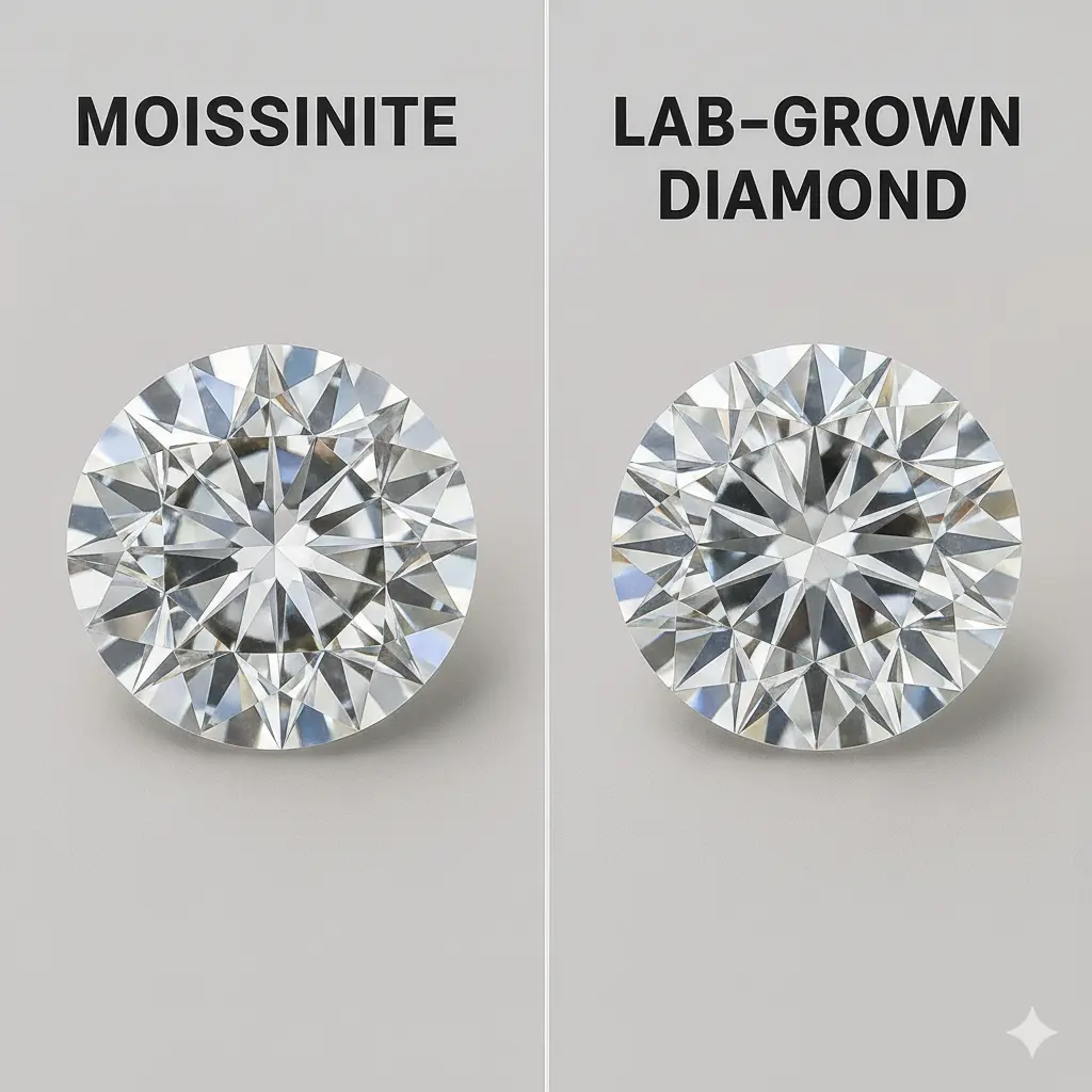 Comparison of moissanite and lab grown diamond showing differences in brilliance, color, and clarity.