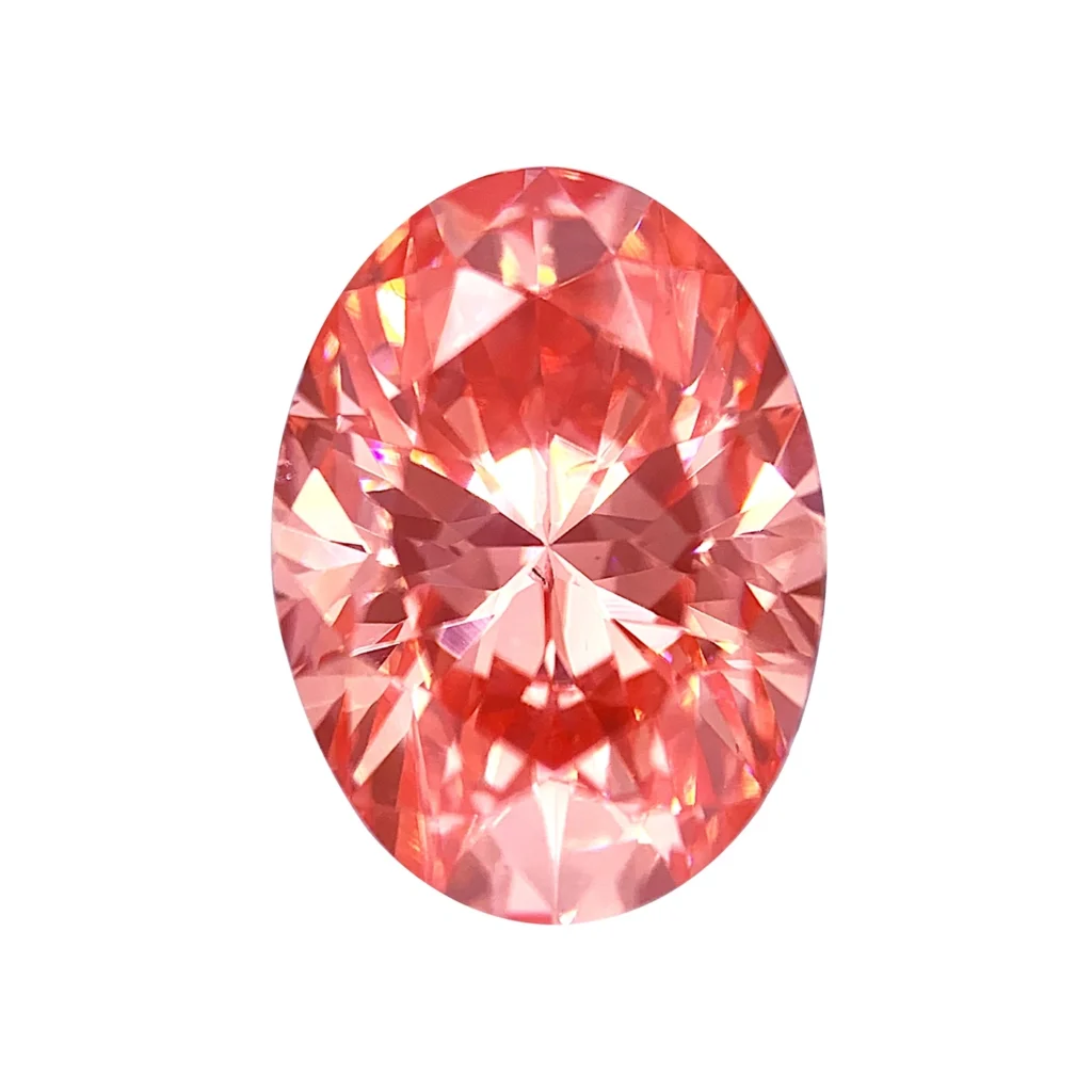 Oval cut fancy pink lab grown diamond with elongated shape and elegant light reflection