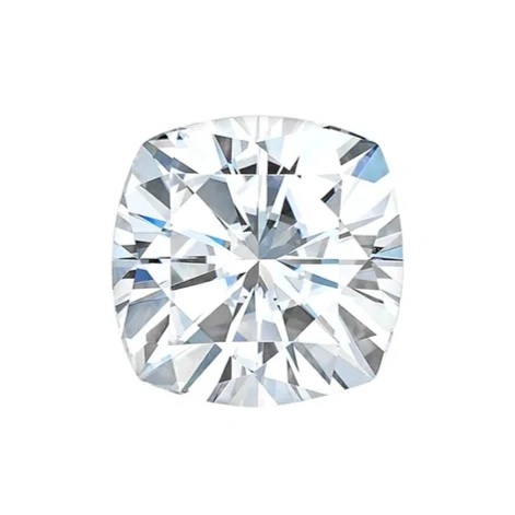 Cushion cut white moissanite stone featuring soft square proportions, high brilliance, and precision faceting.