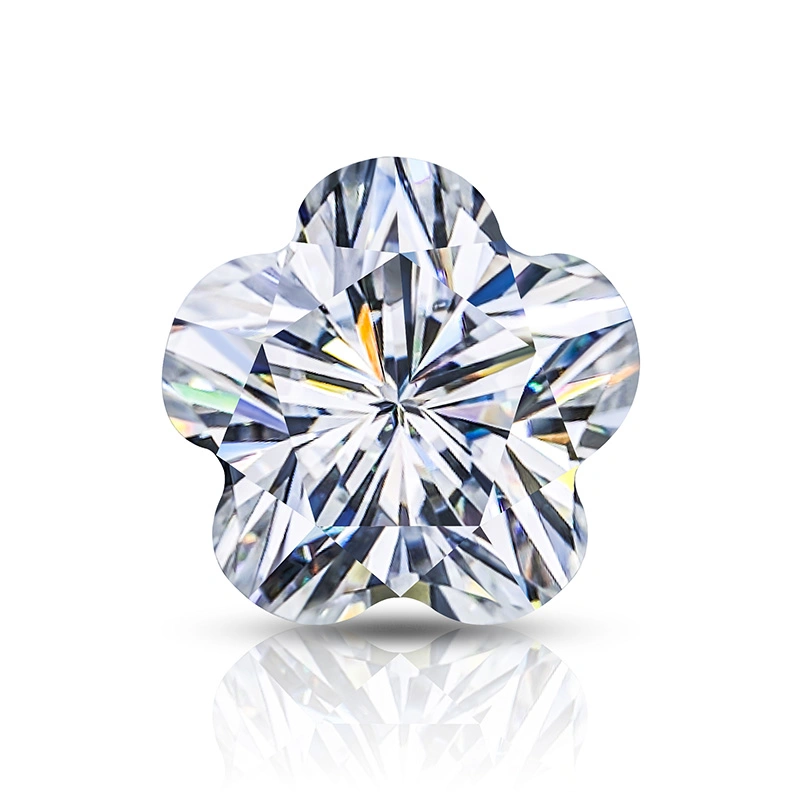White custom-cut moissanite stone displaying high brilliance, precise faceting, and diamond-like optical performance