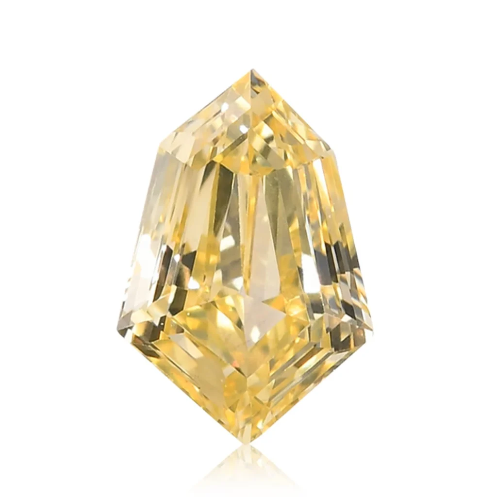 Custom cut fancy yellow lab grown diamond crafted to highlight unique shape and vibrant yellow color
