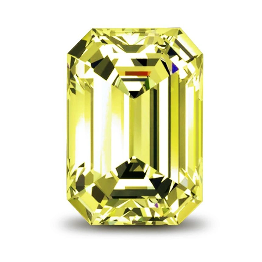 Emerald cut fancy yellow lab grown diamond featuring step facets and elegant yellow tone