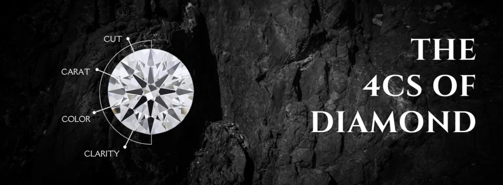 Diagram illustrating the 4Cs of diamonds: Cut, Color, Clarity, and Carat, showing how each characteristic affects diamond quality and value